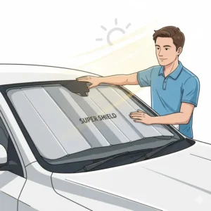 Driver installing a folding, custom auto shade for a perfect windshield fit and effective sun protection.