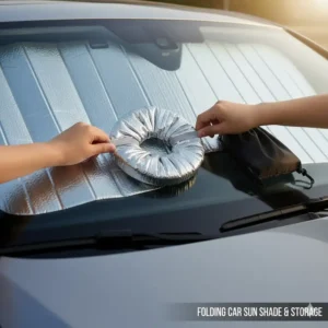 The compact, easy-fold design of a highly-rated car windshield sun shade for convenient storage when not in use.