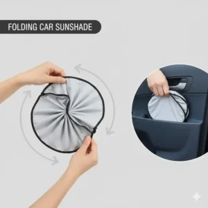 Compact, easy-to-fold windshield car sunshade for quick storage in a car door pocket.