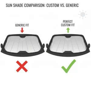 Side-by-side comparison illustrating the superior fit of a custom auto shade versus a generic sun visor.