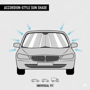 Accordion-style car sunshade showing a universal fit for various vehicle models.