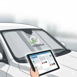 Digital rendering of a custom auto shade with a company logo, demonstrating available custom design options.