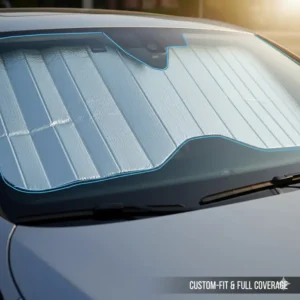 Showing the perfect edge-to-edge coverage of a custom-fit car windshield sun shade blocking light completely.