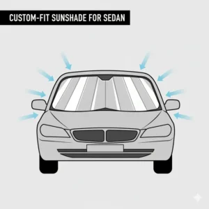 Example of a custom-fit automobile sunshade perfectly shaped for a sedan windshield, preventing sun glare.