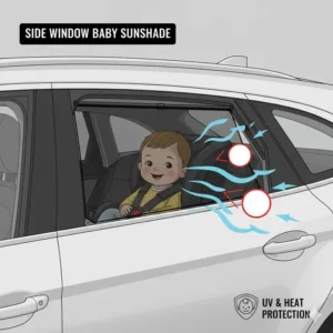 Mesh roller sunshade installed on a rear passenger window to protect a baby from direct sunlight.