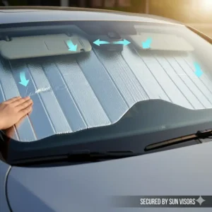Utilizing the vehicle’s sun visors to firmly secure the car sun shade against the windshield for maximum stability.