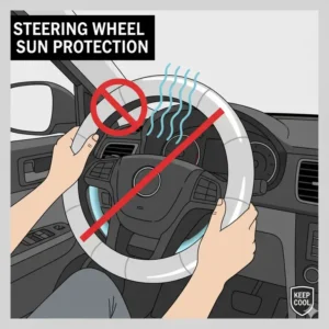 Driver using a small, circular sunshade to keep the steering wheel cool and prevent burns.