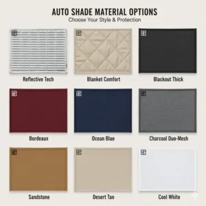 A compact, easily foldable custom auto shade stored neatly in a small bag for convenient storage.