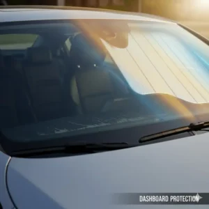 The view of a dashboard being protected from cracking and fading by a high-quality windshield sun shade.