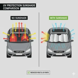 Diagram comparing car interior temperature reduction when using the best automobile sunshade versus no sunshade.