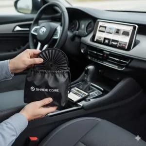 A person holding a folded custom auto shade and placing it into a storage bag inside a car.