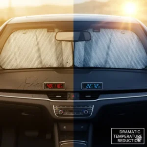 An illustration showing a thermometer displaying a significantly reduced interior temperature thanks to the best car sun shade.