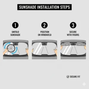 Step-by-step guide showing the simple installation process of a typical pop-up car sunshade.