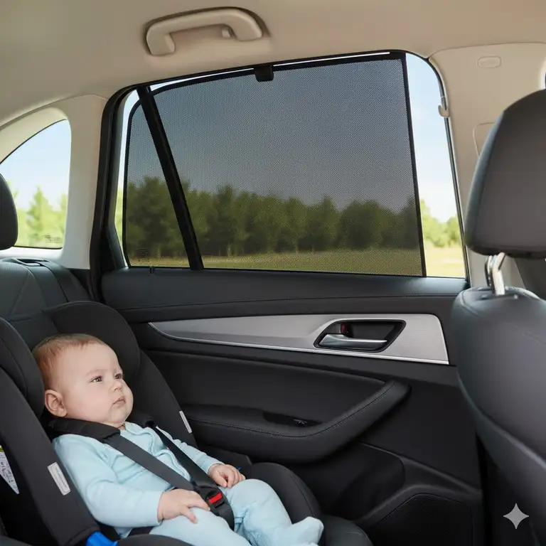 Best car window blinds installed on a rear passenger window, offering superior sun protection and privacy.