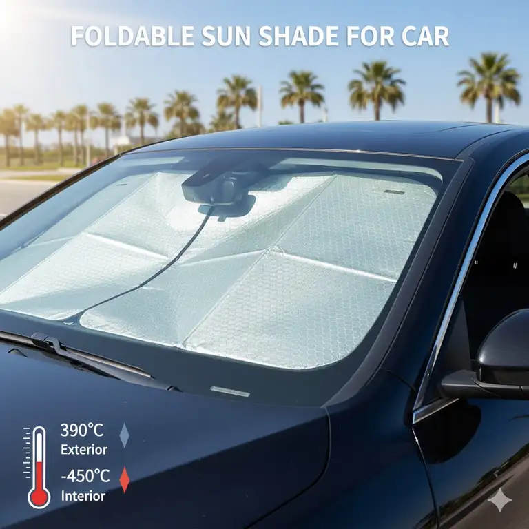 Foldable sun shade for car windshield effectively blocking UV rays and heat.