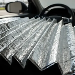Close-up of an accordion-style sun shade, showing the reflective material used in a window heat shield car.
