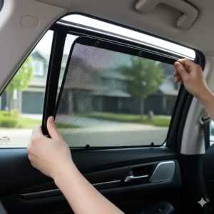 Installing custom-fit magnetic best car window blinds on a rear car door for an exact and secure fit.