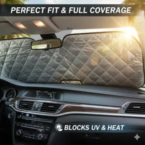 A high-quality Best Car Windshield Sunshade fully covering the window in a parked vehicle.