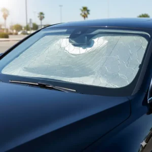 Close-up of a high-quality sun protector, showing foldable sun shade for car windshield installed and perfectly covering the glass.