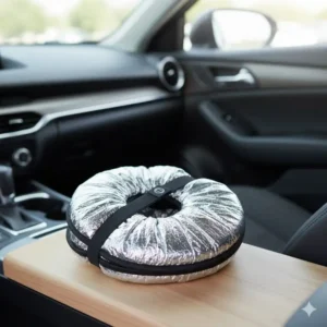 The compact car sun shade neatly folded and secured with a strap, showing its easy storage.