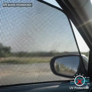 Close-up of a mesh sun visor material, illustrating how it provides UV protection through the driver window shade.