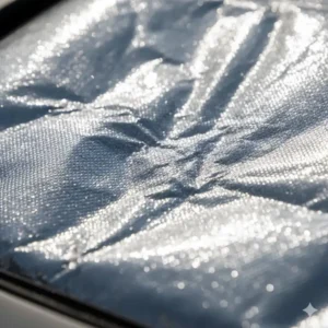 Close-up of the highly reflective material used in a premium heat shield for car windows to block UV rays and lower cabin temperature.