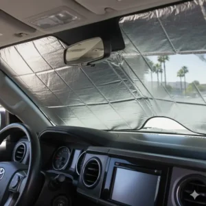 Close-up shot demonstrating the custom fit of the toyota tacoma windshield sun shade, ensuring full coverage and protecting the dashboard from UV damage.