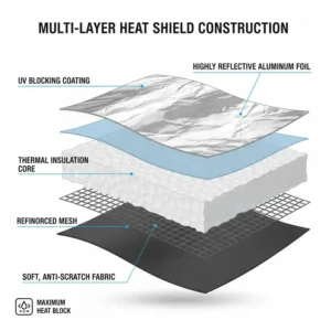 Diagram showing the multi-layer construction of the windshield reflector heat shield material.