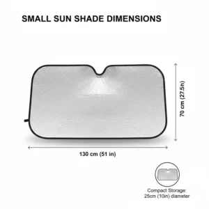 Diagram showing the small windshield sun shade's exact dimensions and compact size.