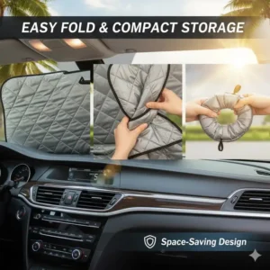 Close-up of the compact, easy-fold design of the Best Car Windshield Sunshade for convenient storage.