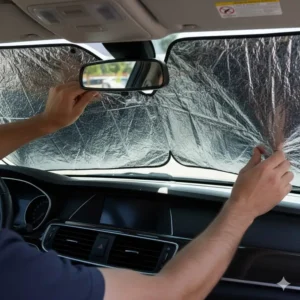 A driver installing a folding sun shade perfectly fitted to the windshield, demonstrating installation of a window heat shield car.
