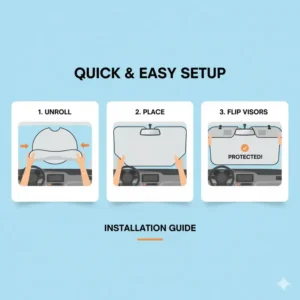 Step-by-step graphic illustrating the quick and easy installation of the compact car sun shade in a small vehicle.