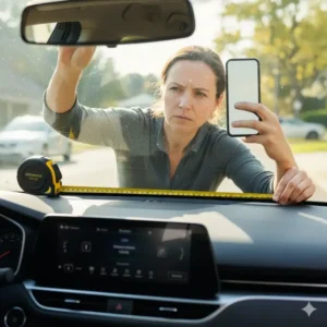 A driver measuring their windshield to order a custom fit heat shield for car windows, ensuring maximum coverage and sun protection.