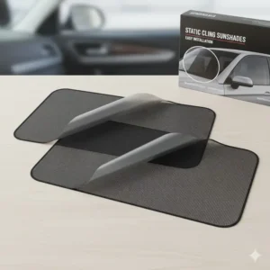 Pair of static cling rear windscreen sun shade designed to fit various vehicle types, demonstrating ease of installation.