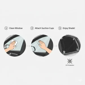 Diagram showing the simple installation of the car shade using suction cups on the driver side window.