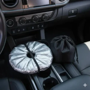 The toyota tacoma windshield sun shade folded neatly with its storage bag, illustrating how easy it is to store when not in use.