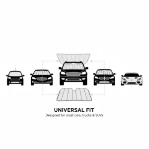 Image showing how the cardboard windshield sun shade provides a universal fit for most windshield sizes.