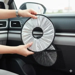 Hands easily folding the circular windshield reflector heat shield for compact storage.