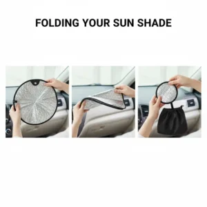 Woman easily folding and storing the lightweight small windshield sun shade into its pouch.