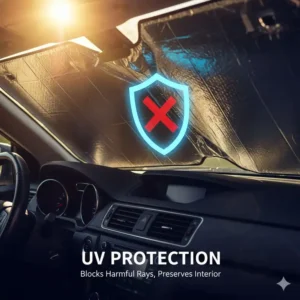 Close-up of a car's dashboard protected by the cardboard windshield sun shade against harmful UV rays.