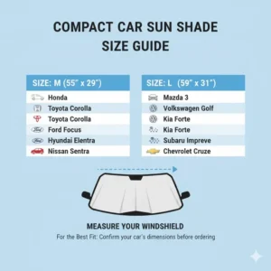 Detailed size chart confirming the dimensions and fitment guide for different compact car sun shade models.