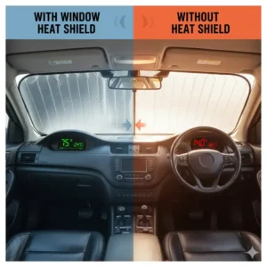 A visual illustrating the temperature difference inside a cabin when using a quality window heat shield car versus not using one.