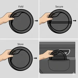 Animated graphic demonstrating how the foldable and compact driver window shade can be easily stored in the door pocket.