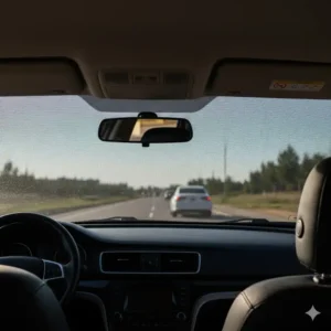 View from the inside of a car showing the mesh rear windscreen sun shade filtering sunlight while maintaining clear visibility.