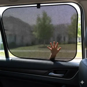 Mesh heat shields for car windows (side windows) offering privacy and reduced heat while still allowing some visibility for rear passengers.