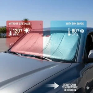 Diagram or photo showing the significant temperature reduction inside the vehicle thanks to the high-quality toyota tacoma windshield sun shade.