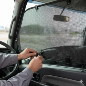 Step-by-step image of installing truck side window shades with heavy-duty mounting hardware.