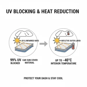 Diagram highlighting the UV blocking and heat reduction features of the foldable sun shade for car material.