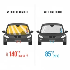 Graphic illustrating the temperature difference inside a vehicle with and without the windshield reflector heat shield.