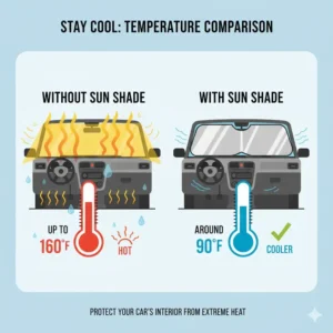 A visual comparison showing the significant interior temperature difference with and without using a compact car sun shade.